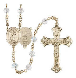 14 Karat Gold-Filled 6mm Austrian Crystal Saint Christopher / Air Force Rosary in Crystal
