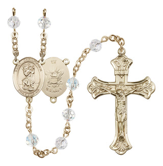 14 Karat Gold-Filled 6mm Austrian Crystal Saint Christopher / Navy Rosary in Crystal