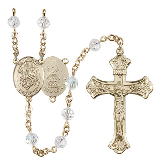 14 Karat Gold 6mm Austrian Crystal Saint George / Air Force Rosary in Crystal
