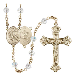 14 Karat Gold 6mm Austrian Crystal Saint George / Army Rosary in Crystal