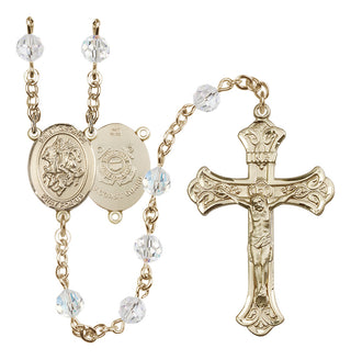 14 Karat Gold 6mm Austrian Crystal Saint George / Coast Guard Rosary in Crystal