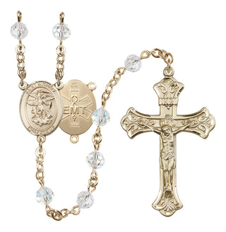 14 Karat Gold 6mm Austrian Crystal Saint Michael / EMT Rosary in Crystal