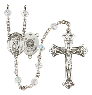 Sterling Silver 6mm Austrian Crystal Saint Christopher / Coast Guard Rosary in Crystal