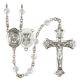 Sterling Silver 6mm Austrian Crystal Saint Michael / Navy Rosary in Crystal