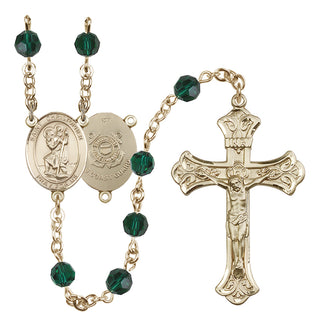 14 Karat Gold-Filled 6mm Austrian Crystal Saint Christopher / Coast Guard Rosary in Emerald