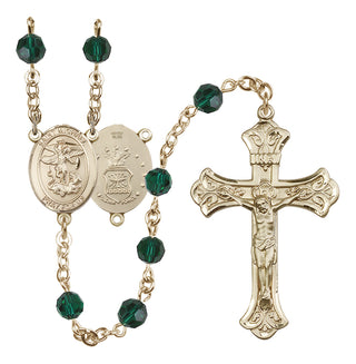 14 Karat Gold-Filled 6mm Austrian Crystal Saint Michael / Air Force Rosary in Emerald