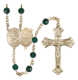 14 Karat Gold-Filled 6mm Austrian Crystal Saint Michael / EMT Rosary in Emerald