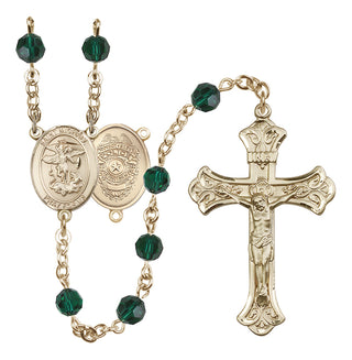 14 Karat Gold-Filled 6mm Austrian Crystal Saint Michael the Archangel/Policeman Rosary in Emerald