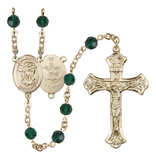14 Karat Gold-Filled 6mm Austrian Crystal Saint Michael / Army Rosary in Emerald