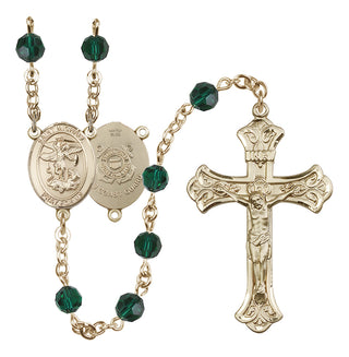 14 Karat Gold-Filled 6mm Austrian Crystal Saint Michael / Coast Guard Rosary in Emerald