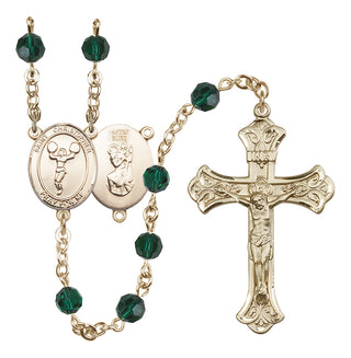 14 Karat Gold-Filled 6mm Austrian Crystal Saint Christopher/Cheerleading Rosary in Emerald
