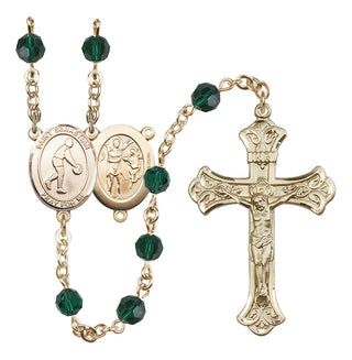 14 Karat Gold-Filled 6mm Austrian Crystal Saint Sebastian/Basketball Rosary in Emerald