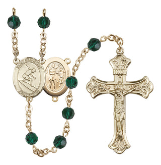 14 Karat Gold-Filled 6mm Austrian Crystal Saint Sebastian/Surfing Rosary in Emerald