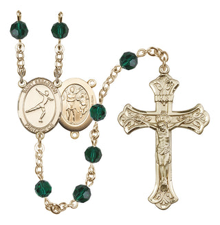 14 Karat Gold-Filled 6mm Austrian Crystal Saint Sebastian/Figure Skating Rosary in Emerald
