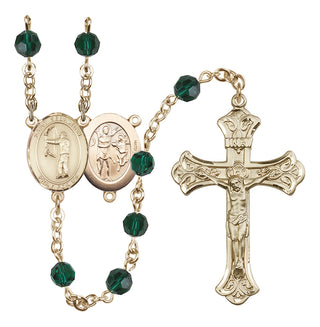 14 Karat Gold-Filled 6mm Austrian Crystal Saint Sebastian / Archery Rosary in Emerald
