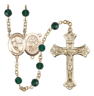14 Karat Gold-Filled 6mm Austrian Crystal Saint Sebastian / Hockey Rosary in Emerald
