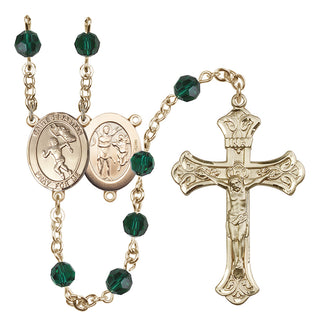 14 Karat Gold-Filled 6mm Austrian Crystal Saint Sebastian /Track&Field-Women Rosary in Emerald