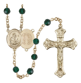 14 Karat Gold 6mm Austrian Crystal Saint Benedict Rosary in Emerald