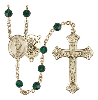 14 Karat Gold 6mm Austrian Crystal Saint Florian/Firefighter Rosary in Emerald