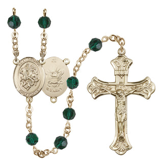 14 Karat Gold 6mm Austrian Crystal Saint George / Navy Rosary in Emerald