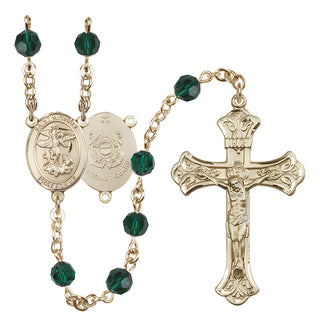 14 Karat Gold 6mm Austrian Crystal Saint Michael / Coast Guard Rosary in Emerald