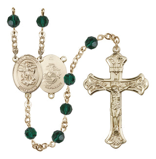 14 Karat Gold 6mm Austrian Crystal Saint Michael / Marines Rosary in Emerald