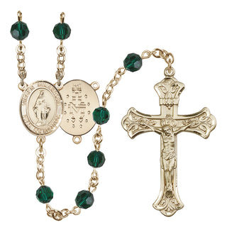 14 Karat Gold 6mm Austrian Crystal Virgen Milagrosa Rosary in Emerald