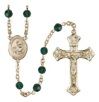 14 Karat Gold 6mm Austrian Crystal Saint Thomas Aquinas Rosary in Emerald