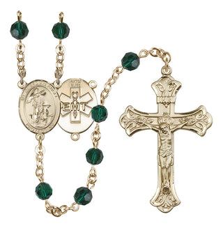 14 Karat Gold 6mm Austrian Crystal Guardian Angel / EMT Rosary in Emerald