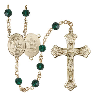 14 Karat Gold 6mm Austrian Crystal Guardian Angel / Army Rosary in Emerald
