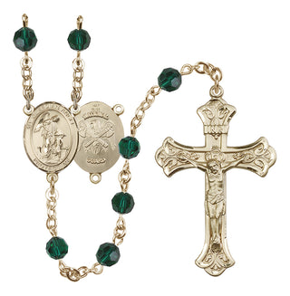 14 Karat Gold 6mm Austrian Crystal Guardian Angel / Nat'l Guard Rosary in Emerald