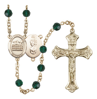 14 Karat Gold 6mm Austrian Crystal Saint Christopher/Swimming Rosary in Emerald