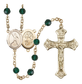 14 Karat Gold 6mm Austrian Crystal Saint Sebastian/Football Rosary in Emerald
