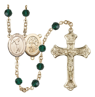 14 Karat Gold 6mm Austrian Crystal Saint Sebastian/Golf Rosary in Emerald