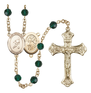 14 Karat Gold 6mm Austrian Crystal Saint Sebastian/Soccer Rosary in Emerald