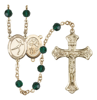 14 Karat Gold 6mm Austrian Crystal Saint Sebastian/Figure Skating Rosary in Emerald