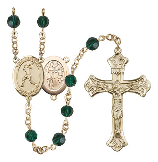 14 Karat Gold 6mm Austrian Crystal Saint Sebastian / Softball Rosary in Emerald
