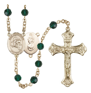14 Karat Gold 6mm Austrian Crystal Saint Christopher/Motorcycle Rosary in Emerald