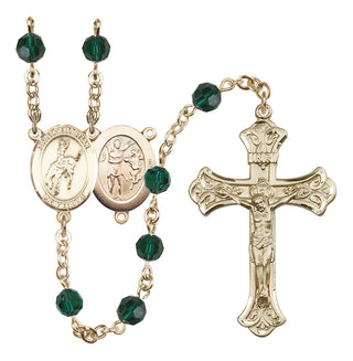 14 Karat Gold 6mm Austrian Crystal Saint Sebastian / Rodeo Rosary in Emerald