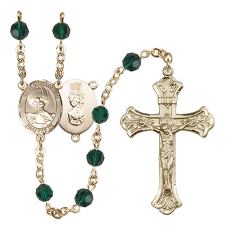 14 Karat Gold 6mm Austrian Crystal Saint Christopher/Water Polo Women Rosary in Emerald