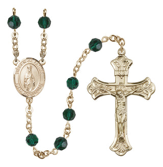 14 Karat Gold 6mm Austrian Crystal Virgen del Fatima Rosary in Emerald