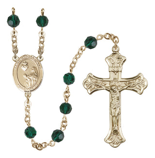 14 Karat Gold 6mm Austrian Crystal Saint Margaret Mary Alacoque Rosary in Emerald
