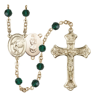 14 Karat Gold 6mm Austrian Crystal Saint Christopher/Soccer Rosary in Emerald