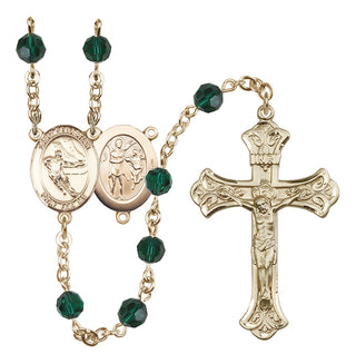 14 Karat Gold 6mm Austrian Crystal Saint Sebastian / Hockey Rosary in Emerald