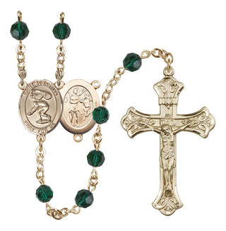 14 Karat Gold 6mm Austrian Crystal Saint Sebastian/Swimming Rosary in Emerald