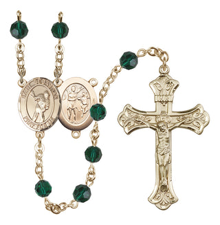 14 Karat Gold 6mm Austrian Crystal Saint Sebastian/Lacrosse Rosary in Emerald