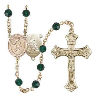 14 Karat Gold 6mm Austrian Crystal Guardian Angel/Track&Field-Men Rosary in Emerald