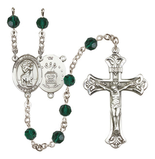 Sterling Silver 6mm Austrian Crystal Saint Christopher / Air Force Rosary in Emerald