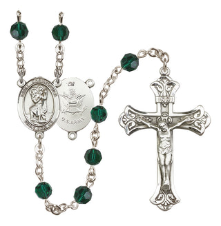 Sterling Silver 6mm Austrian Crystal Saint Christopher / Army Rosary in Emerald