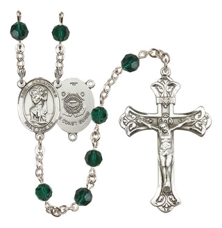 Sterling Silver 6mm Austrian Crystal Saint Christopher / Coast Guard Rosary in Emerald